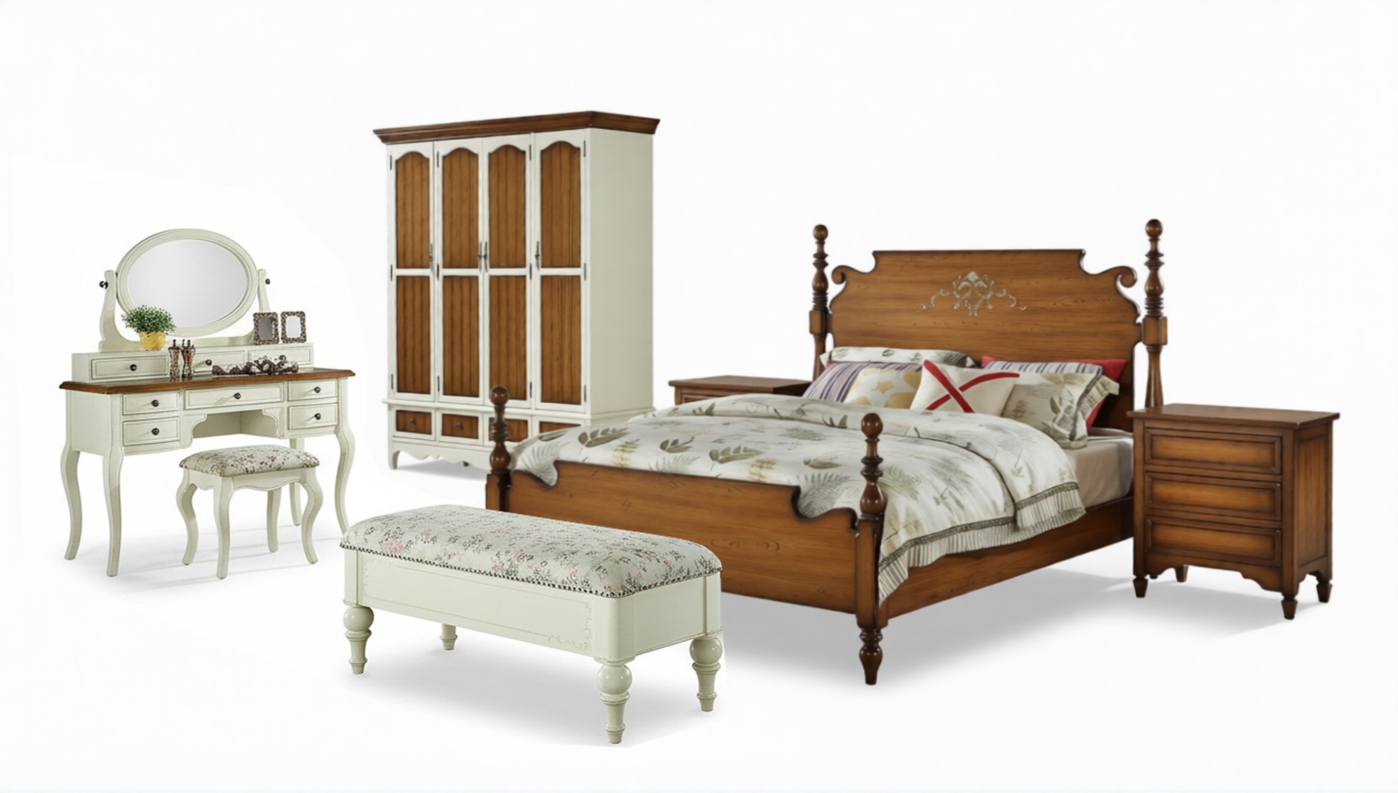 Set Komplett Schlafzimmer Schlafmöbel Schrank Nachttische Schminktisch 7 tlg.