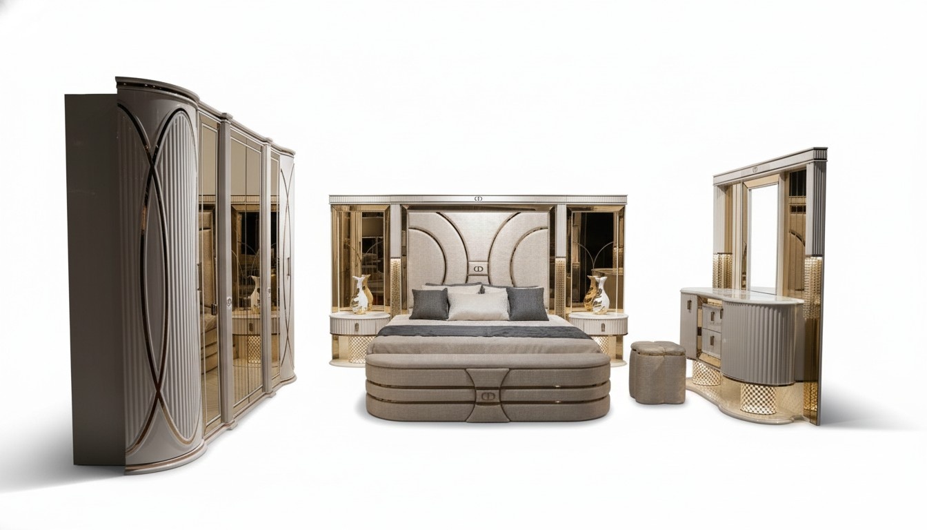 Schlafzimmer Set Komplettes Bett 2x Nachttische Kleiderschrank Neu 7tlg