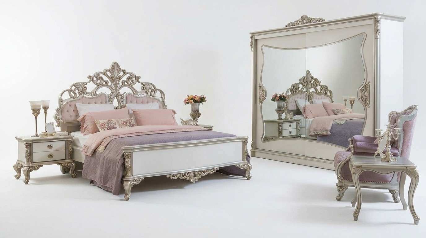 Schlafzimmer Set Luxus Bett 2x Nachttisch Kleiderschrank Sessel 6tlg.