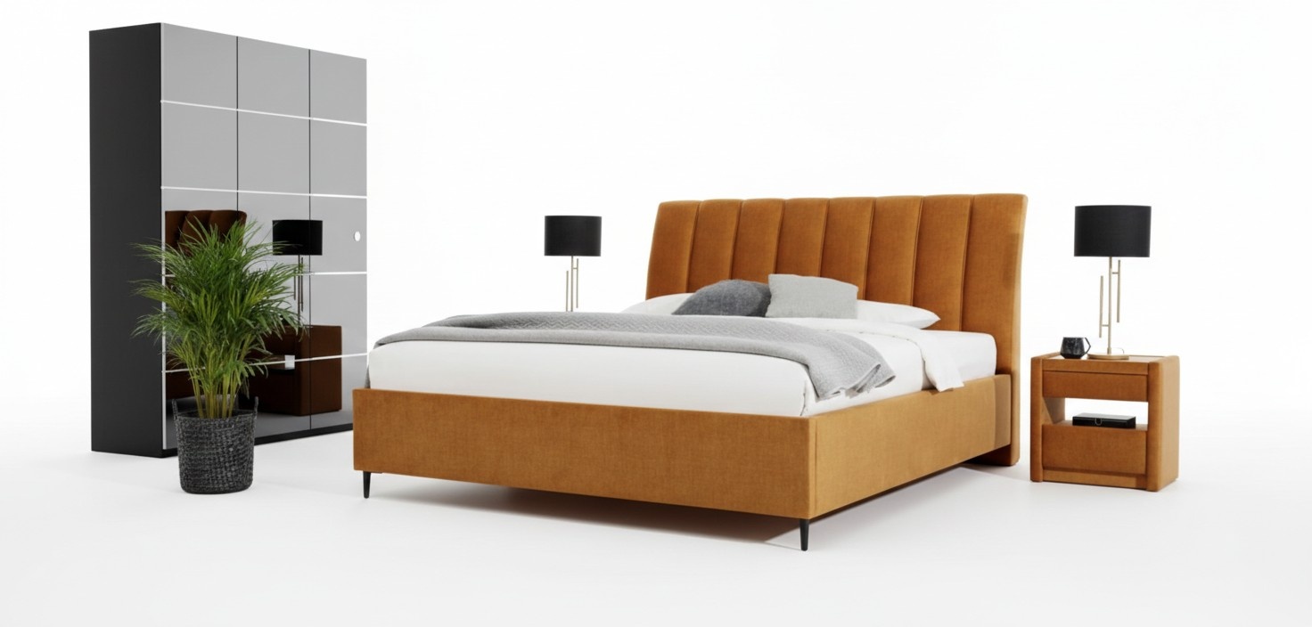 Schlafzimmer Set Orange Bett Elegantes 2x Nachttische Komplett Set 3tlg.