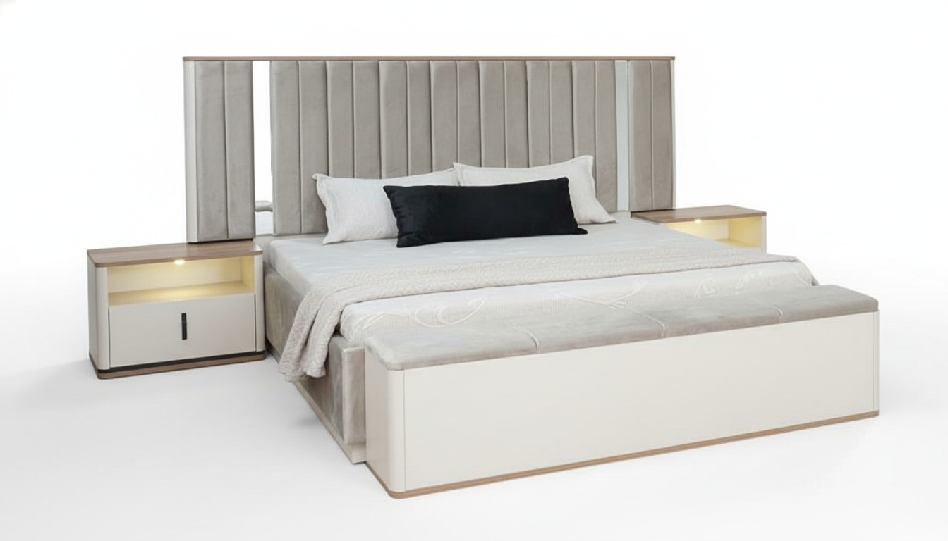 Schlafzimmer Set Polsterbett Bett Nachttische Mit Beleuchtung Beige