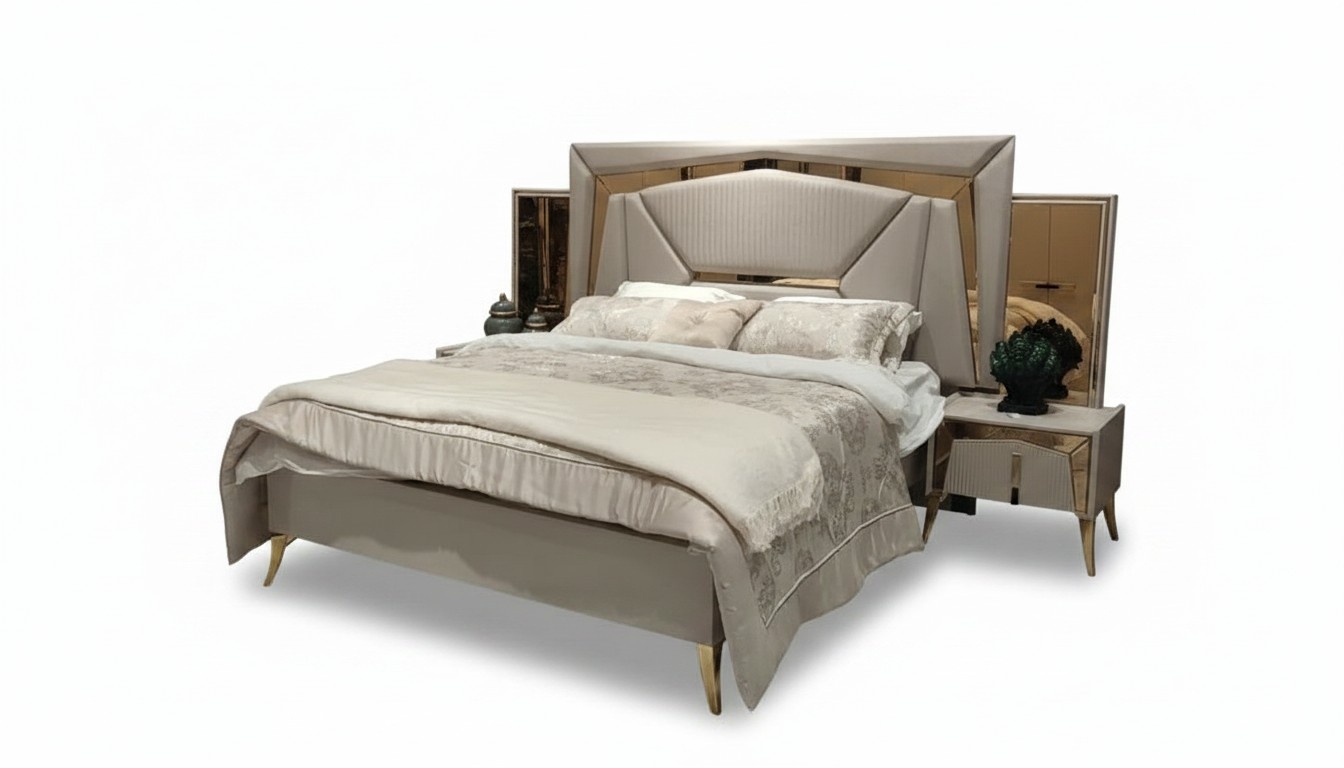 Schlafzimmerbett Bett Bettrahmen hohes Kopfteil Beige Gold Spiegel