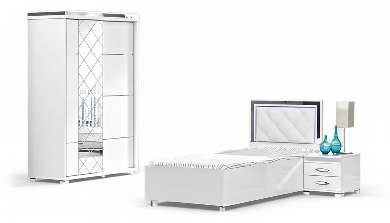 Schlafzimmermöbel Bett Nachttisch Kleiderschrank 3tlg Weiß Einzelbett