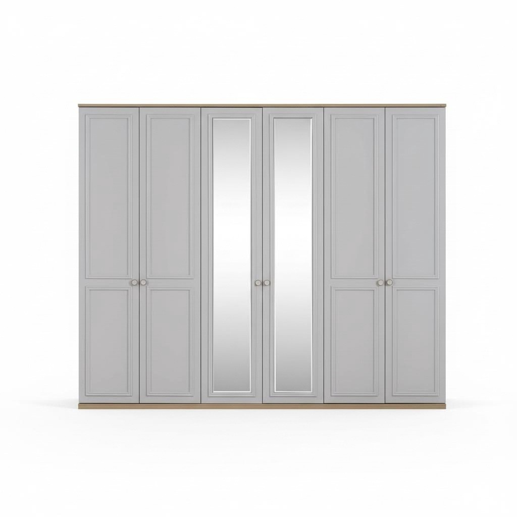 Schlafzimmerschrank Kleiderschrank Schrank Grau Holz Spiegel 6 Türen