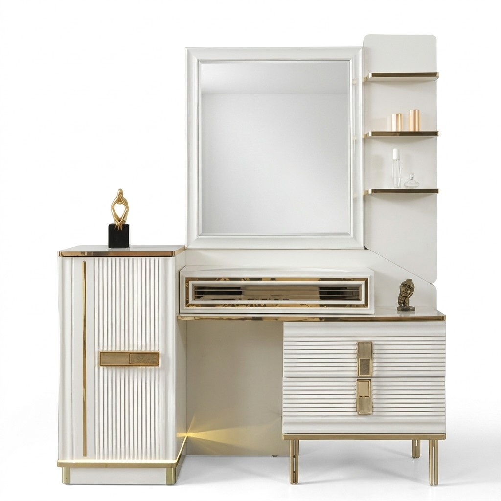 Schminktisch Makeup Tisch Kommode Mit Spiegel Holz Edelstahl Weiß Gold