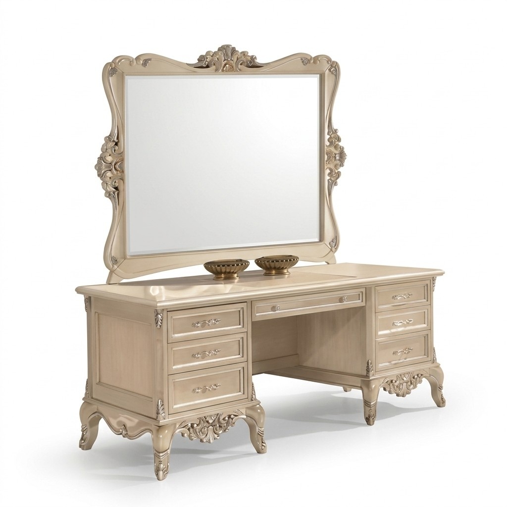 Schminktisch mit Spiegel Schlafzimmer Design Beige Möbel Holz 2tlg. Neu