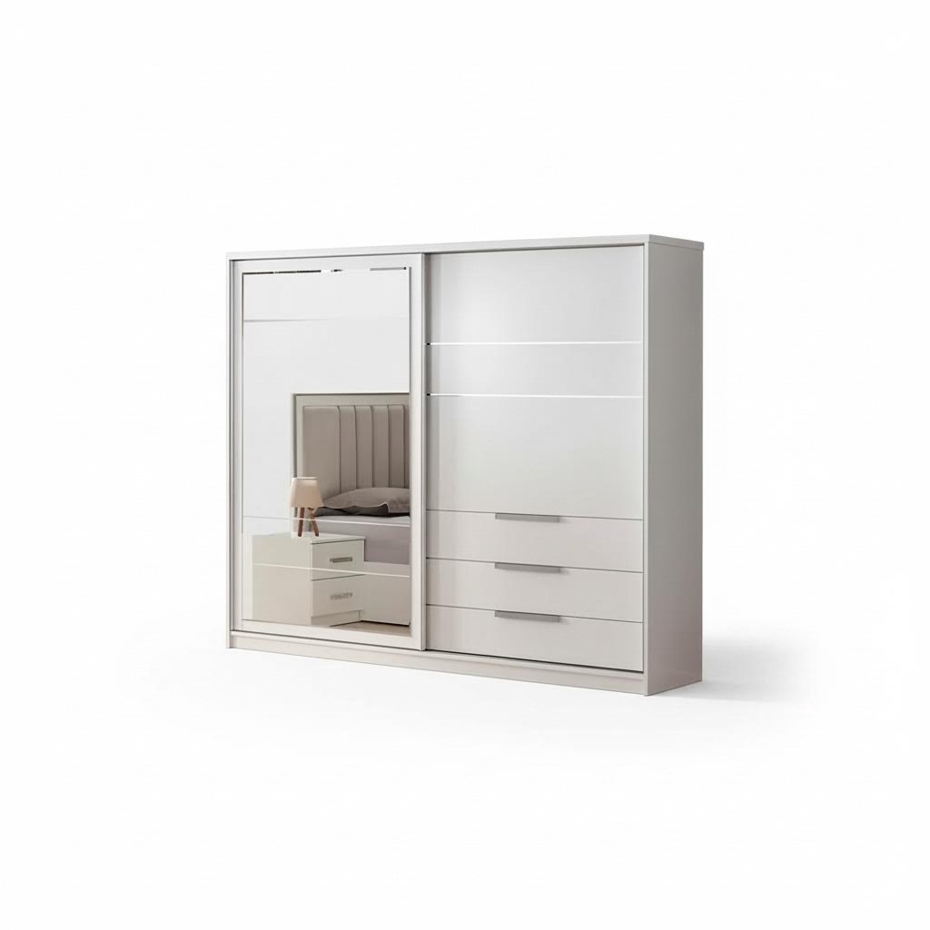 Schrank Holzschrank Kleiderschrank Beige Spiegel Schlafzimmerschrank