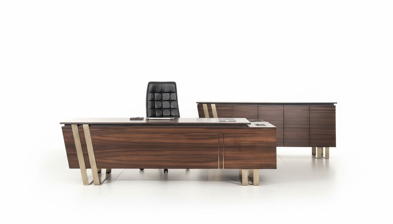 Schreibtisch Bürotisch Braun Edelstahl Büroeinrichtung Büro Holz Modern Tisch
