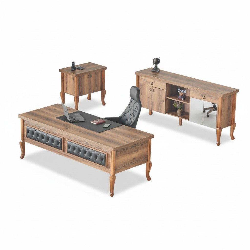 Schreibtisch Cheffsessel Sideboard Kommode Büroeinrichtung Braun Schwarz