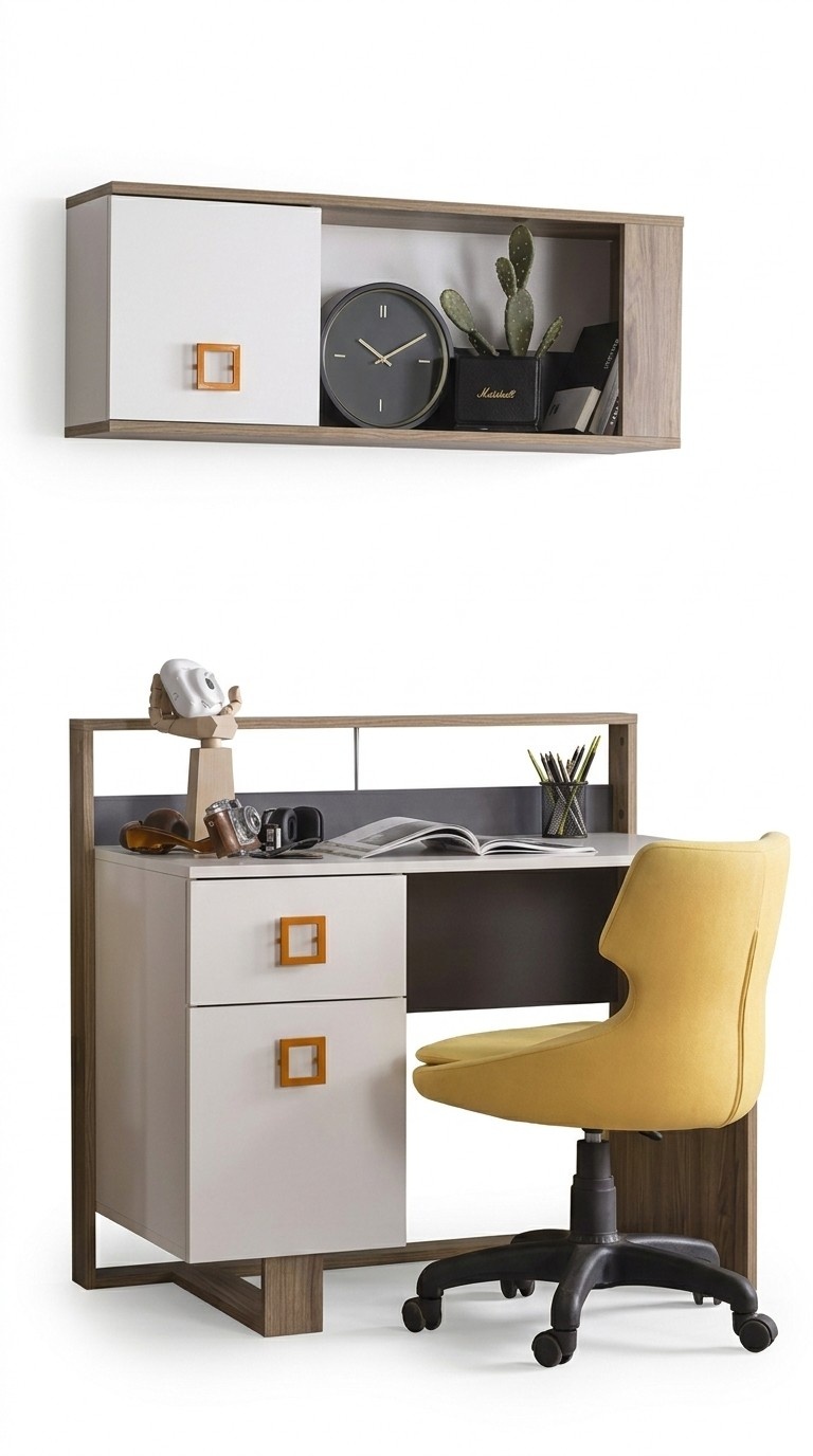 Schreibtisch Kinderzimmer Set 3tlg Regal Computer Holz Sessel Gelb Neu