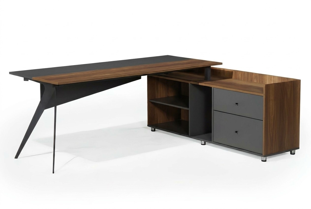 Schreibtisch mit Schrank Arbeitstisch Bürotisch Braun Grau Büromöbel