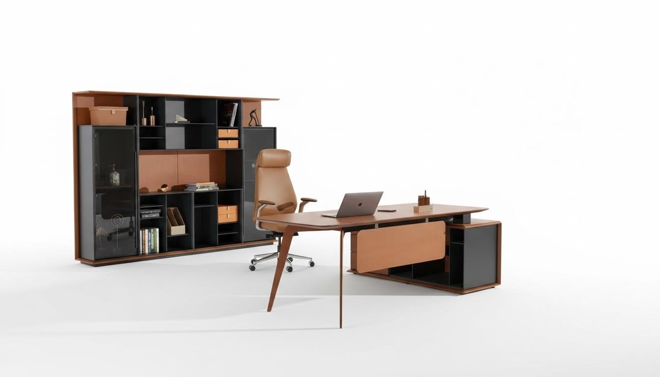 Schreibtisch Set 3tlg. Büro Garnitur Tisch Chef Sessel Schrank Einrichtung