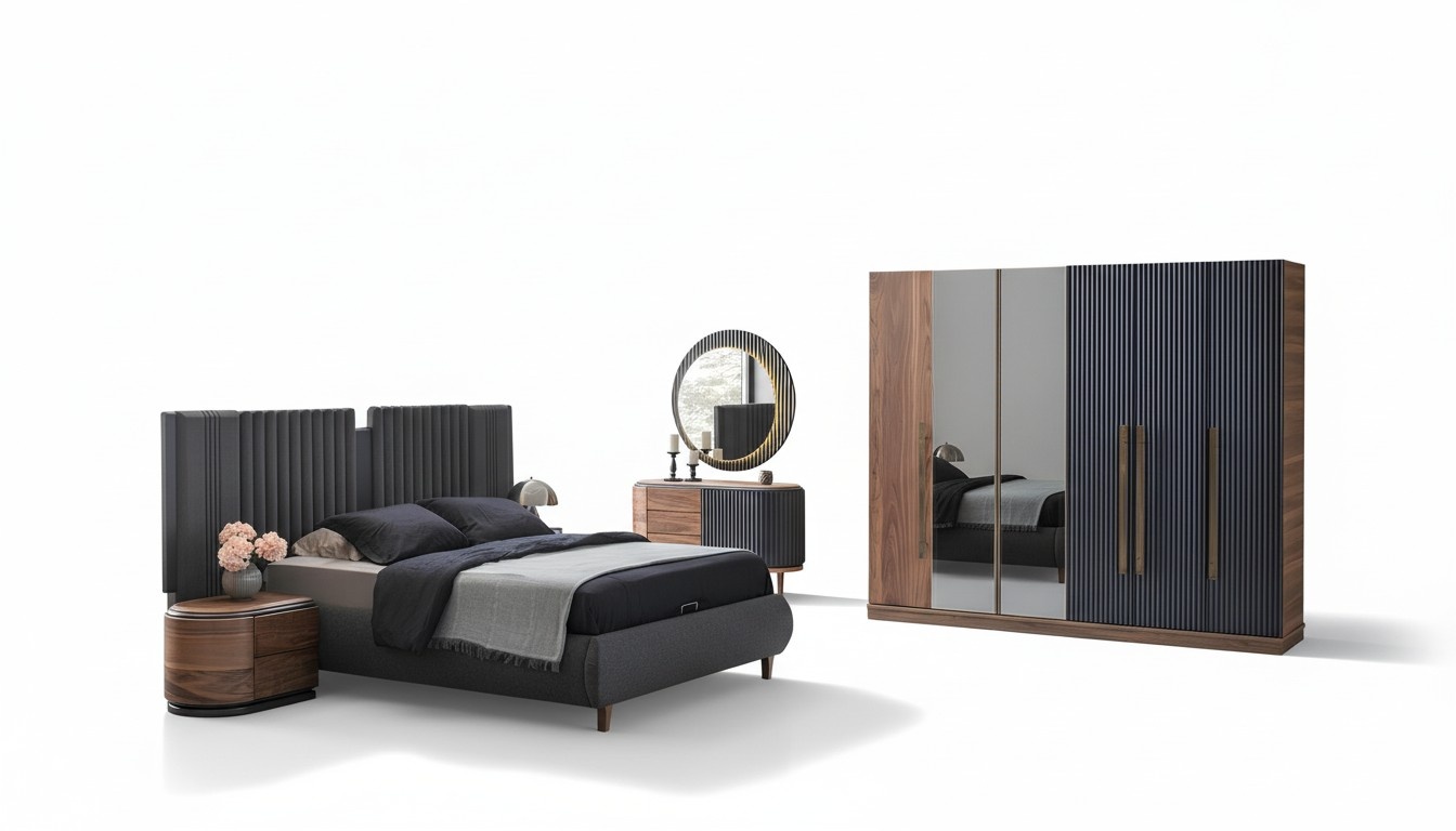 Schwarz-Beige Schlafzimmer Garnitur Designer Doppelbett 2x Nachttische