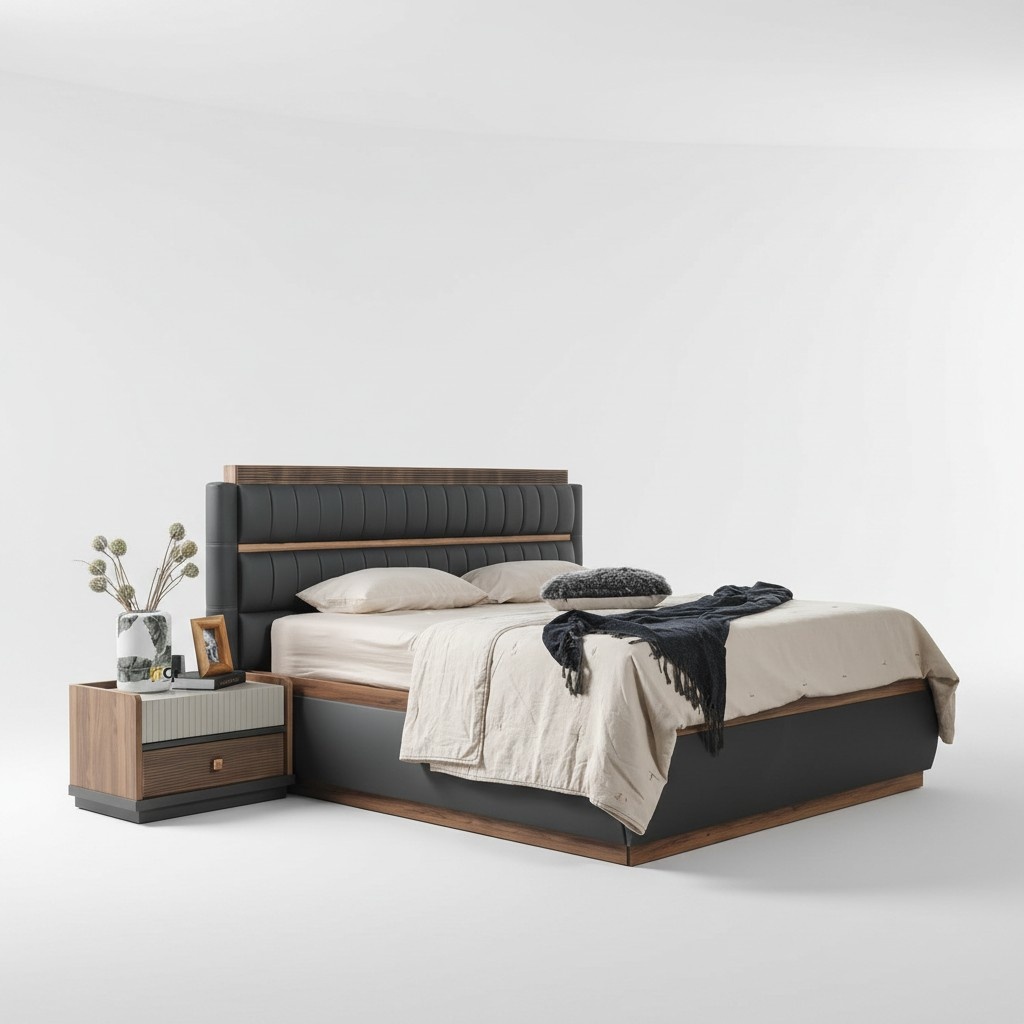 Schwarz-Braune Schlafzimmer Garnitur Edles Bett Holz Nachtschränke 3tlg