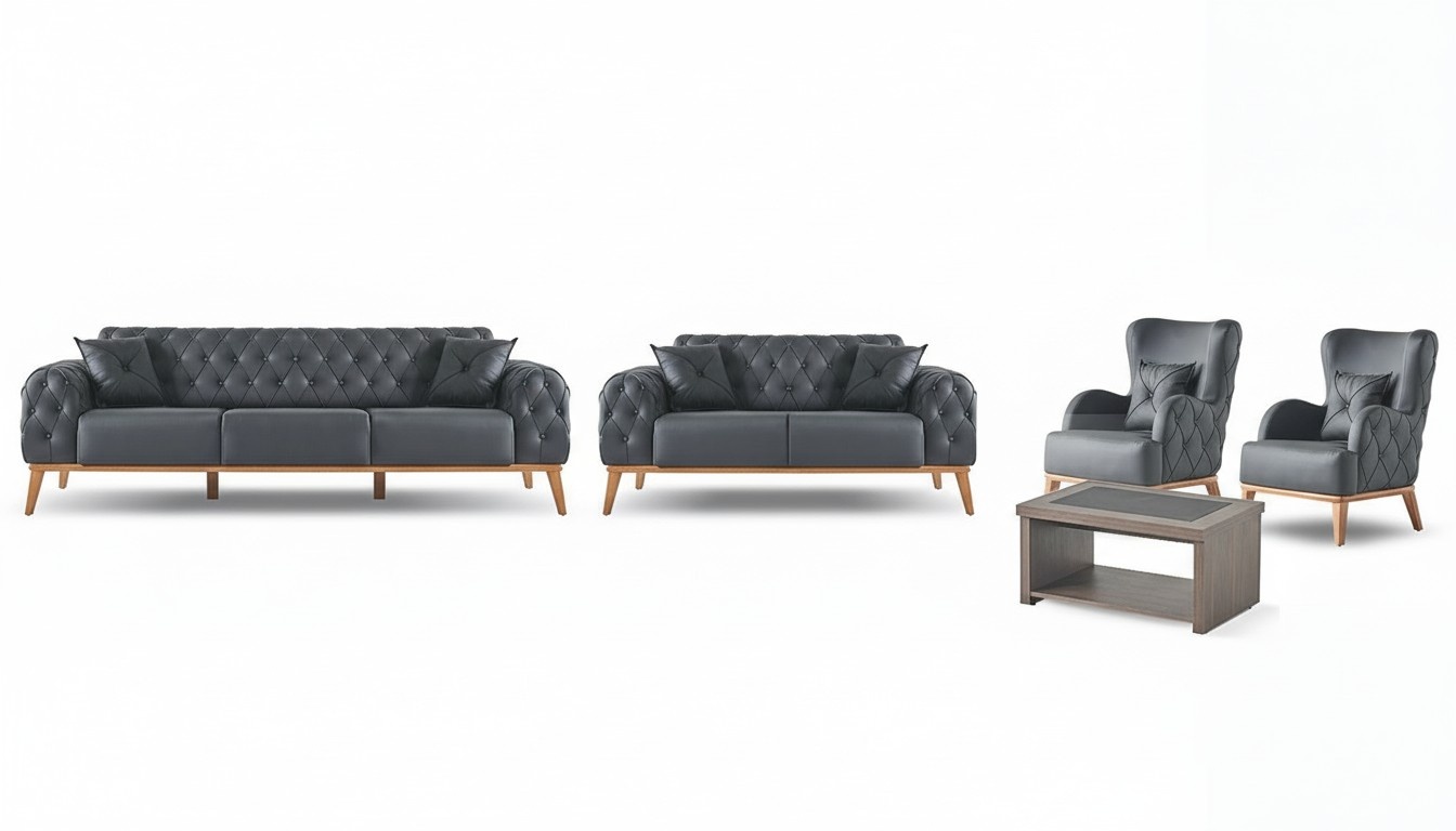 Schwarz-Braunes Arbeitszimmer Set Luxuriöser 3-Sitzer Sessel 2-Sitzer