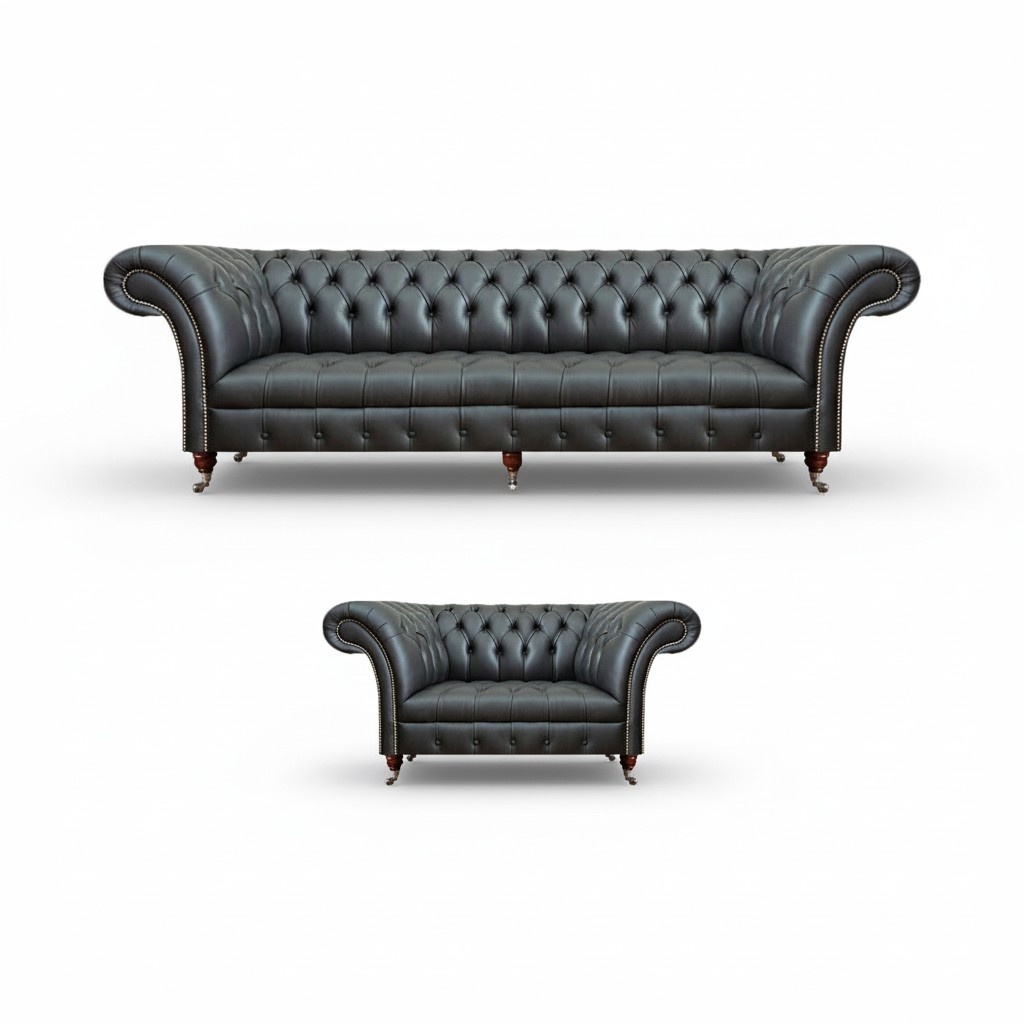 Schwarz Leder Sofa Komplett Sessel Wohnzimmer 2tlg Sofa Dreisitze Chesterfield