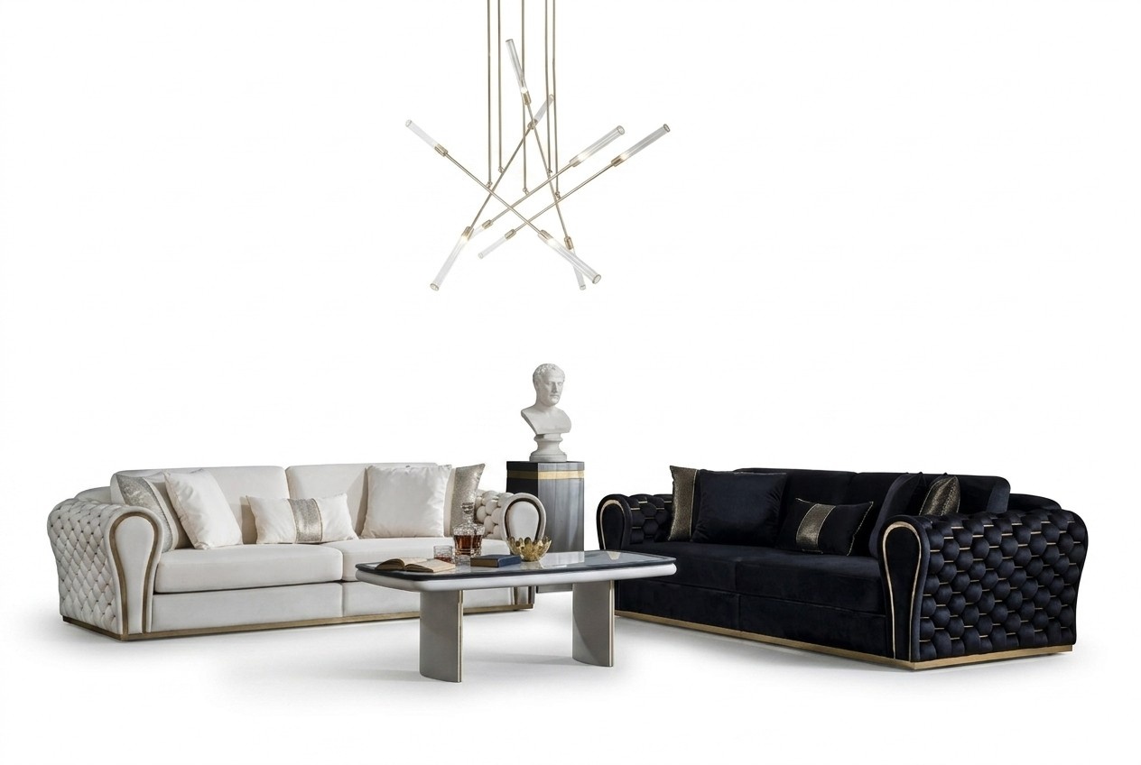 Schwarz Weiße Sofagarnitur 3+3 Designer Sitzer Luxus Polster 2x Sofas
