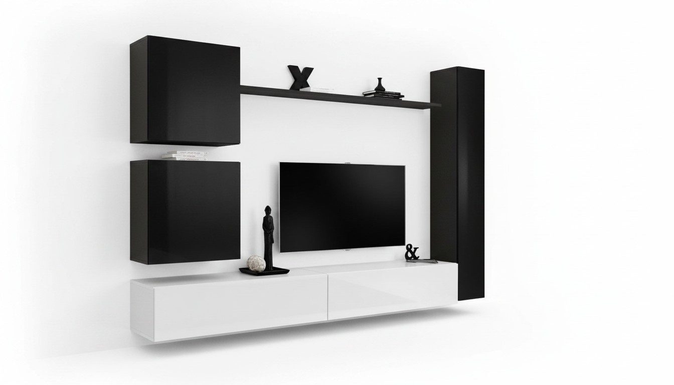 Schwarz Wohnwand Designer Wandschrank TV-Ständer Wohnzimmermöbel Modern Neu