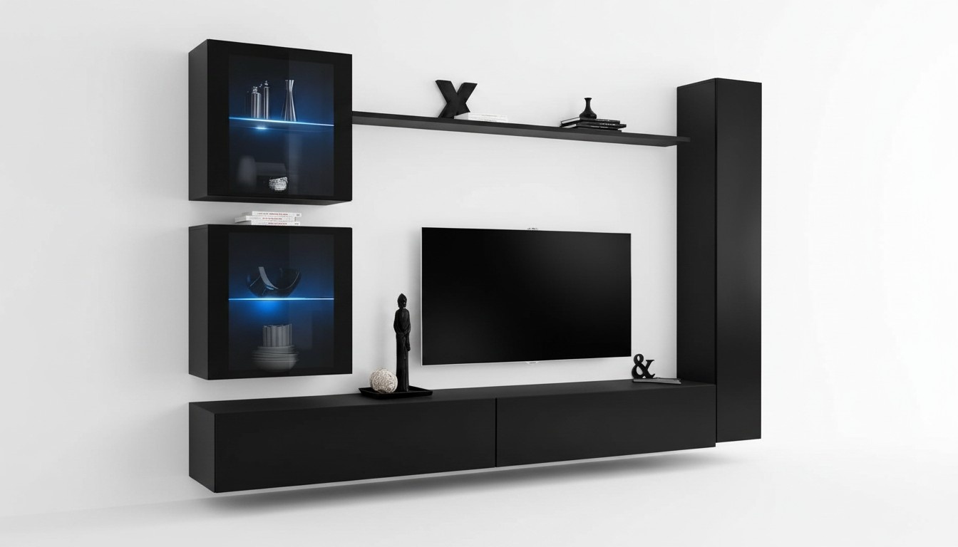 Schwarz Wohnwand Komplett Set Einrichtung Designer Möbel TV-Ständer Modern