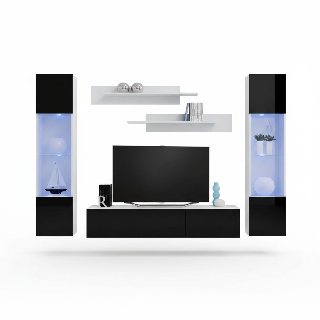 Schwarz Wohnwand Wohnzimmer Designer Modern Möbel TV Ständer