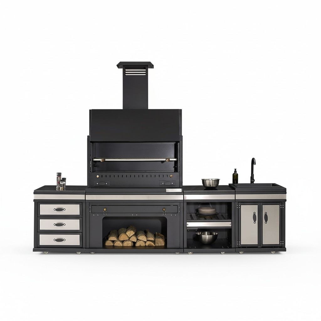 Schwarze Außenküche aus Edelstahl modern und langlebig