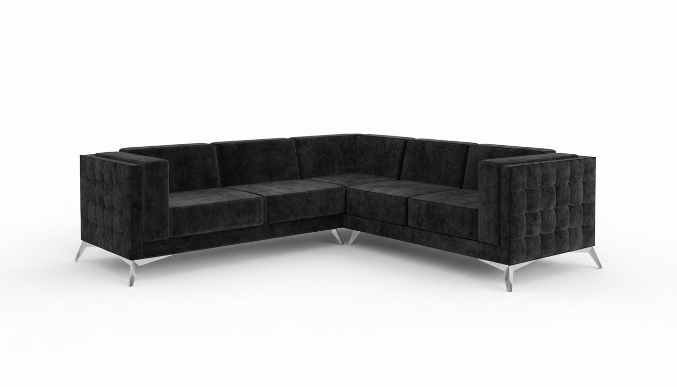 Schwarze Samt Design Ecksofa Chesterfield Sofa Couch Wohnlandschaft