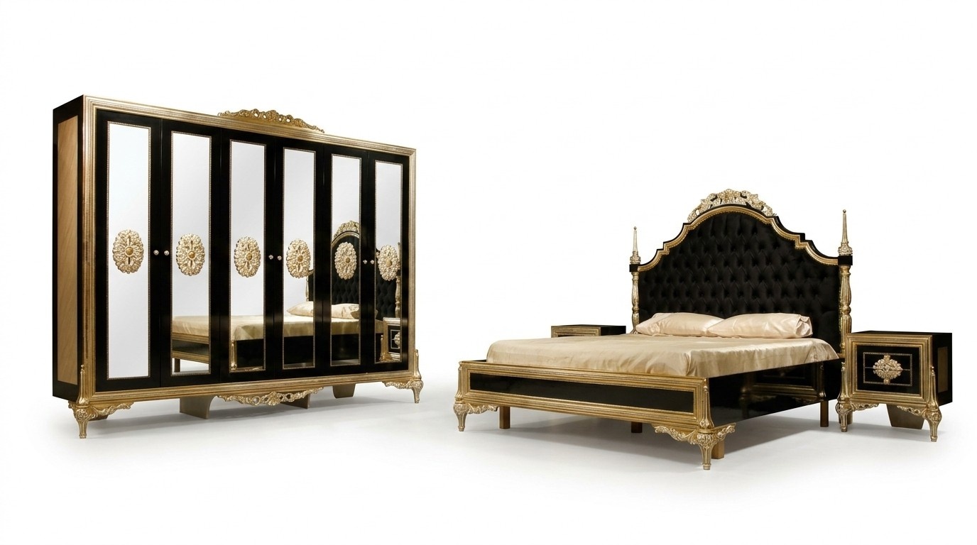 Schwarze Schlafzimmergarnitur Luxus Bett 2x Nachttische Kommode Schrank
