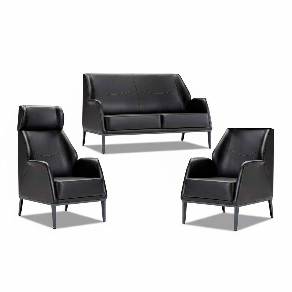 Schwarze Wohnzimmer Ledergarnitur Moderner 2-Sitzer 2x Lehnsessel 3tlg