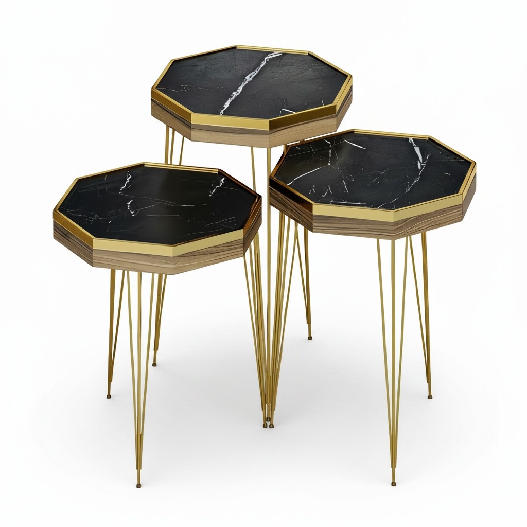 Beistelltisch Set 3 Teile in Schwarzer Marmor-Optik mit Goldenen Metallbeinen