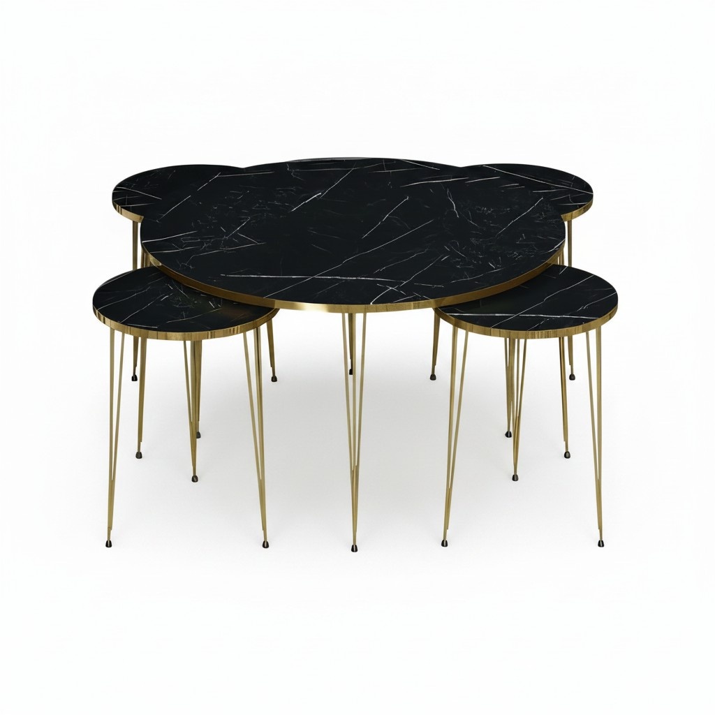 Beistelltisch Set 4 Teile mit Goldbeinen in Schwarz-Marmor Optik