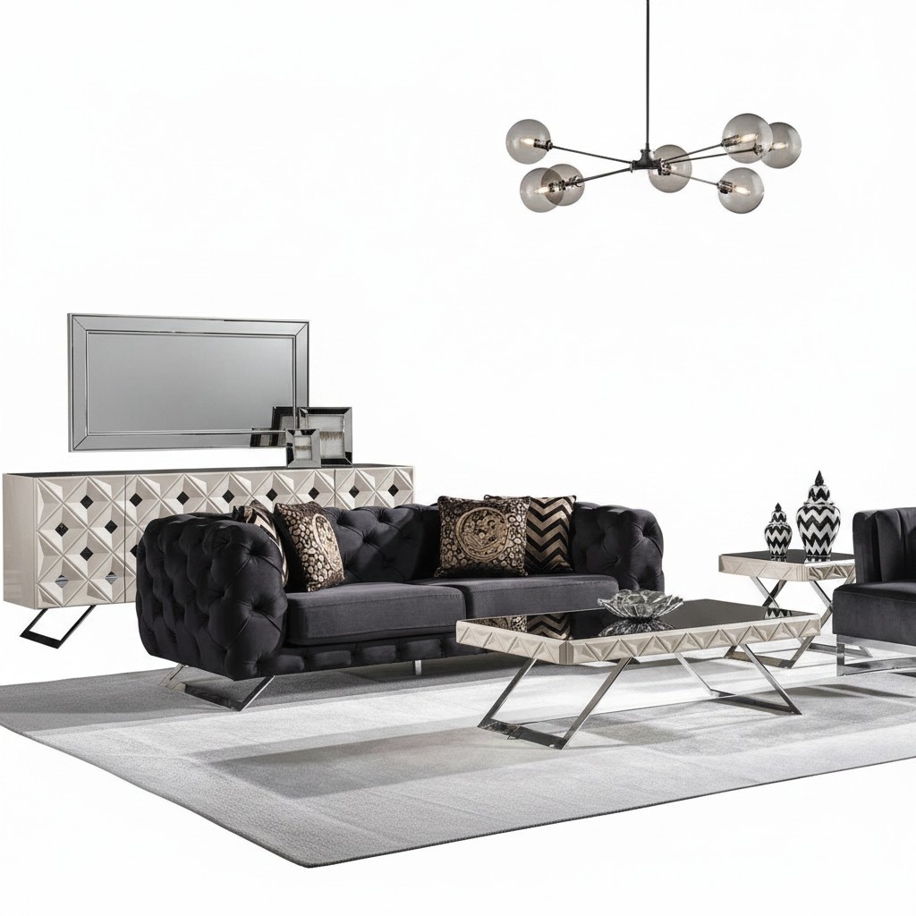 Schwarzes Holz-Textil-Metall 2-teiliges Wohnzimmer-Set mit Sofa