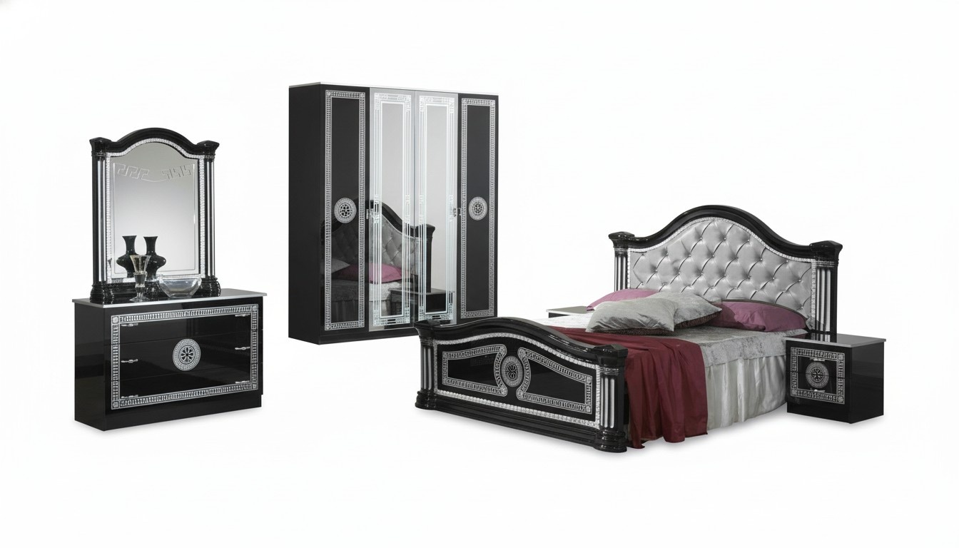 Schwarzes Schlafzimmer Komplett Set Kommode Stil Bett Garnitur 6tlg. Barock