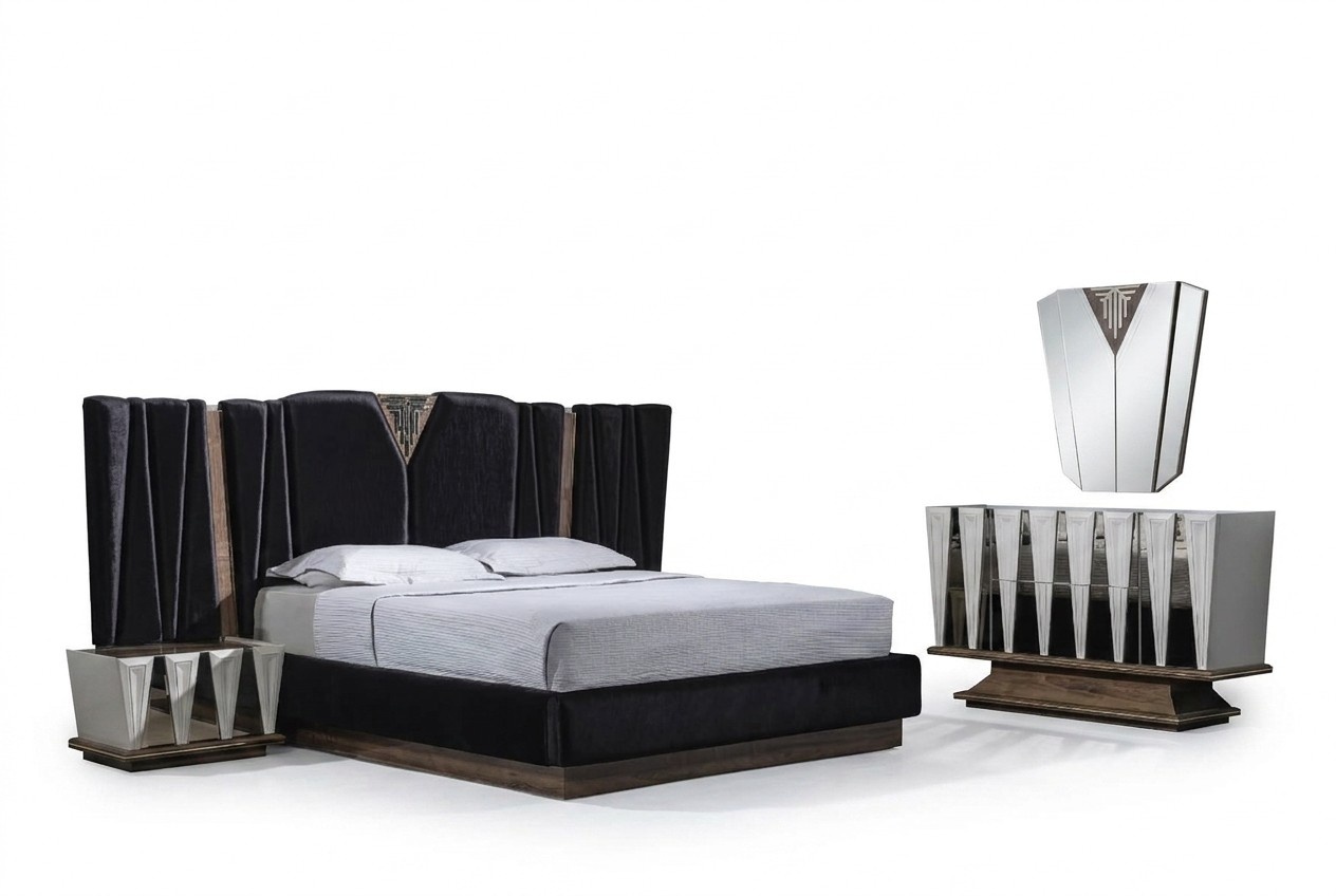 Schwarzweißes Schlafzimmer-Set aus Holz mit Spiegel und modernen