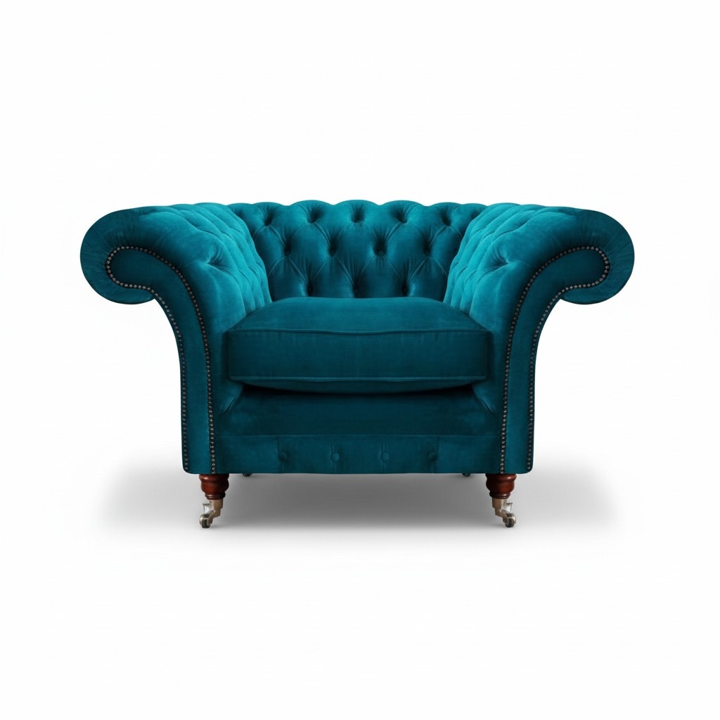 Sessel Blau Luxus Stil Chesterfield Wohnzimmer Polster Stoff Modern Textil