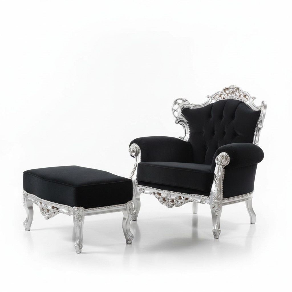 Sessel + Hocker Polster Sessel Design Luxus Massivholz Klassische Barock Rokoko Garnitur
