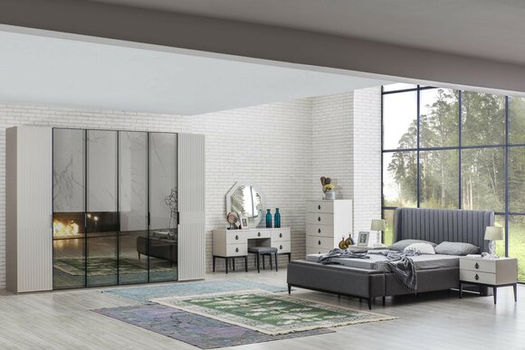 Hellgraues Schlafzimmer Set Komplett Möbel Bett Kleiderschrank Nachttische 7tlg
