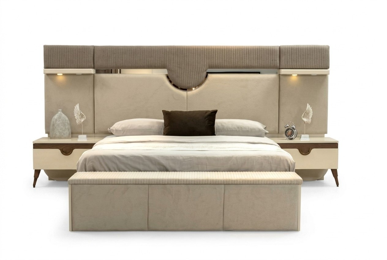 Set 3tlg. Schlafzimmer Garnitur Bett 2x Nachttisch Stil Stilvoll Möbel Betten