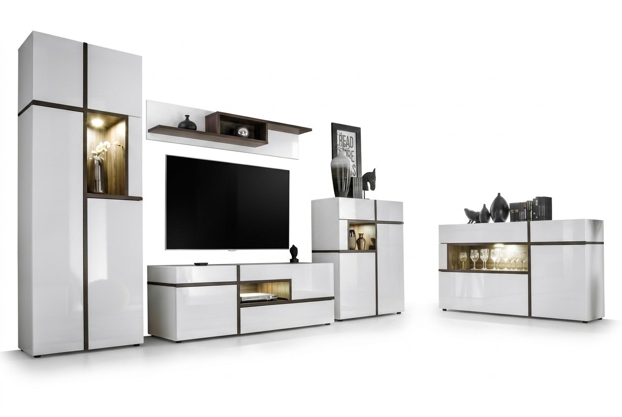 Set 5 tlg Wohnzimmer TV-Ständer Schrank Wohnwände Holz Modern Möbel Neu