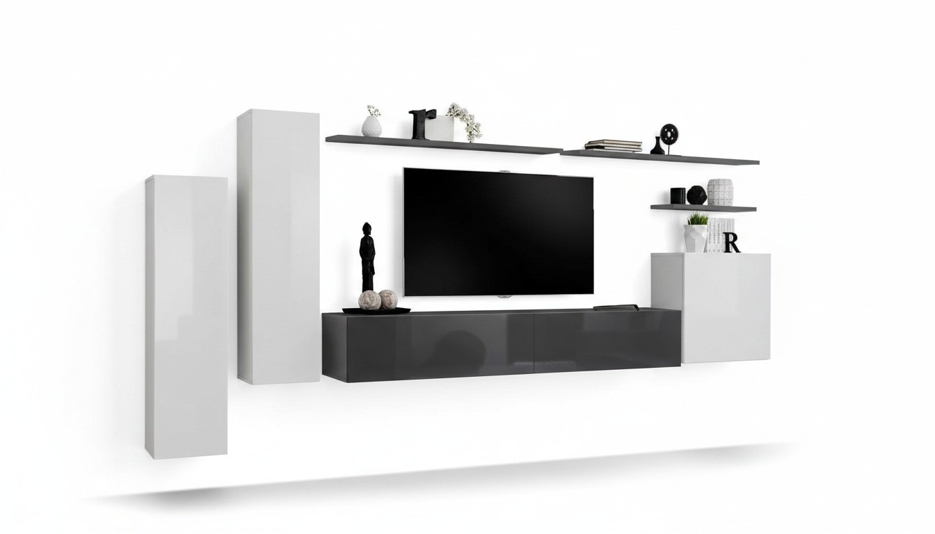 Set 7 tlg Wohnzimmer TV-Ständer Schrank Wandschrank Wohnwände Holz Modern Möbel