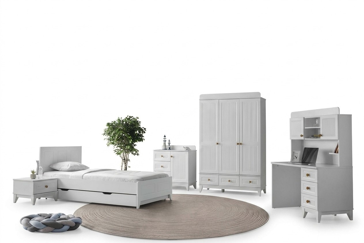 Set Bett Nachttisch Kommode Kleiderschrank Schreibtisch Modern 5-teilig Möbel