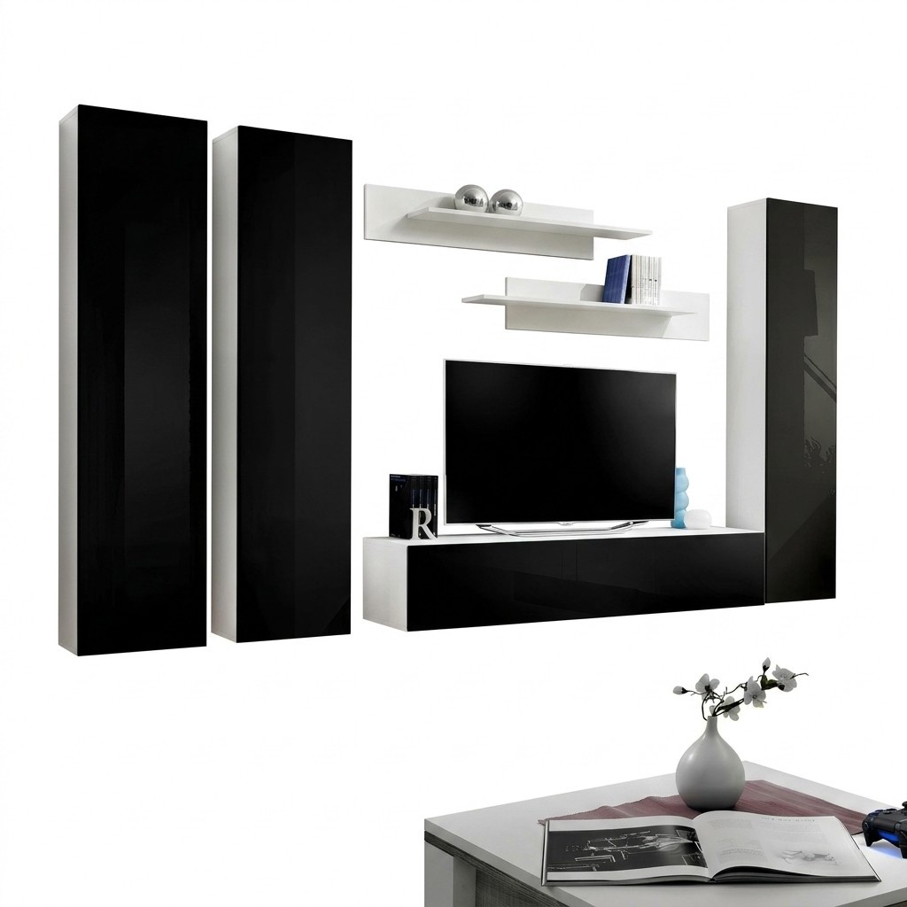 Set Wohnwand Wohnzimmer Wand Regale Schwarz TV Ständer Lowboard