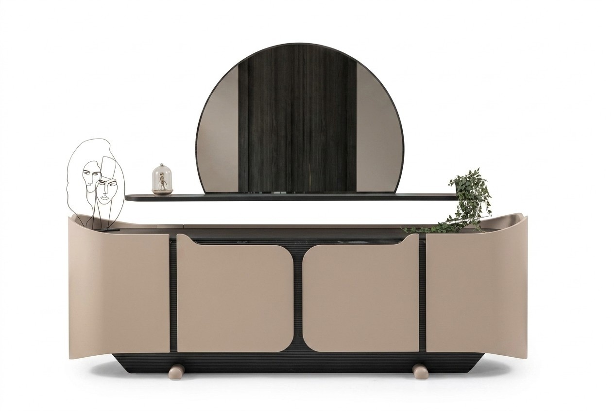 Sideboard Anrichte Kommode mit Spiegel Schrank Holz Beige Modern Set