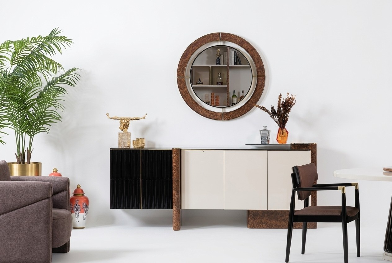 Anrichte mit Spiegel Luxus Garnitur Kommode Holz Kommoden Klassische