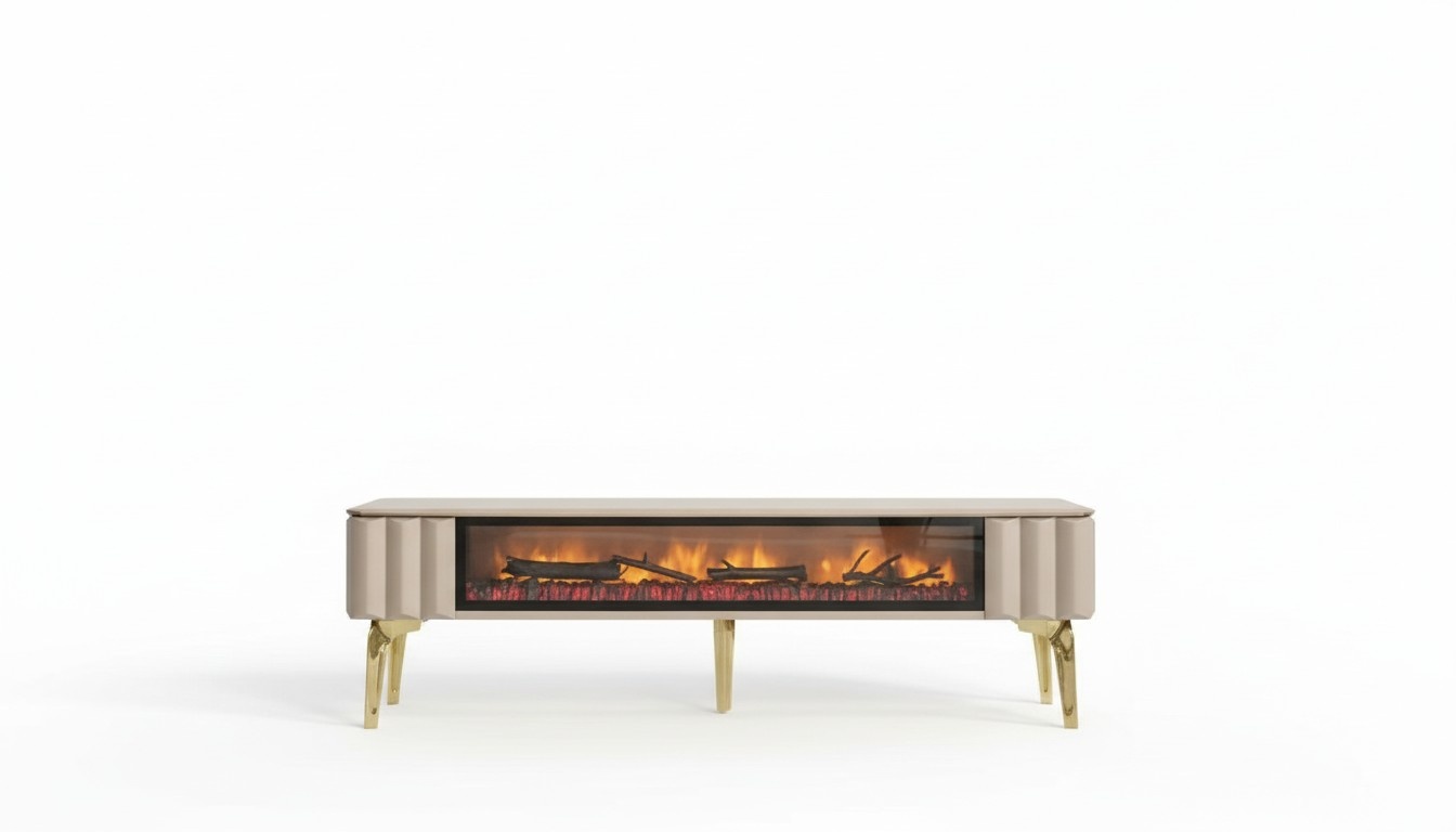 Sideboard RTV Wohnzimmer Luxusmöbel Kamin Beige MDF Metall Lowboard