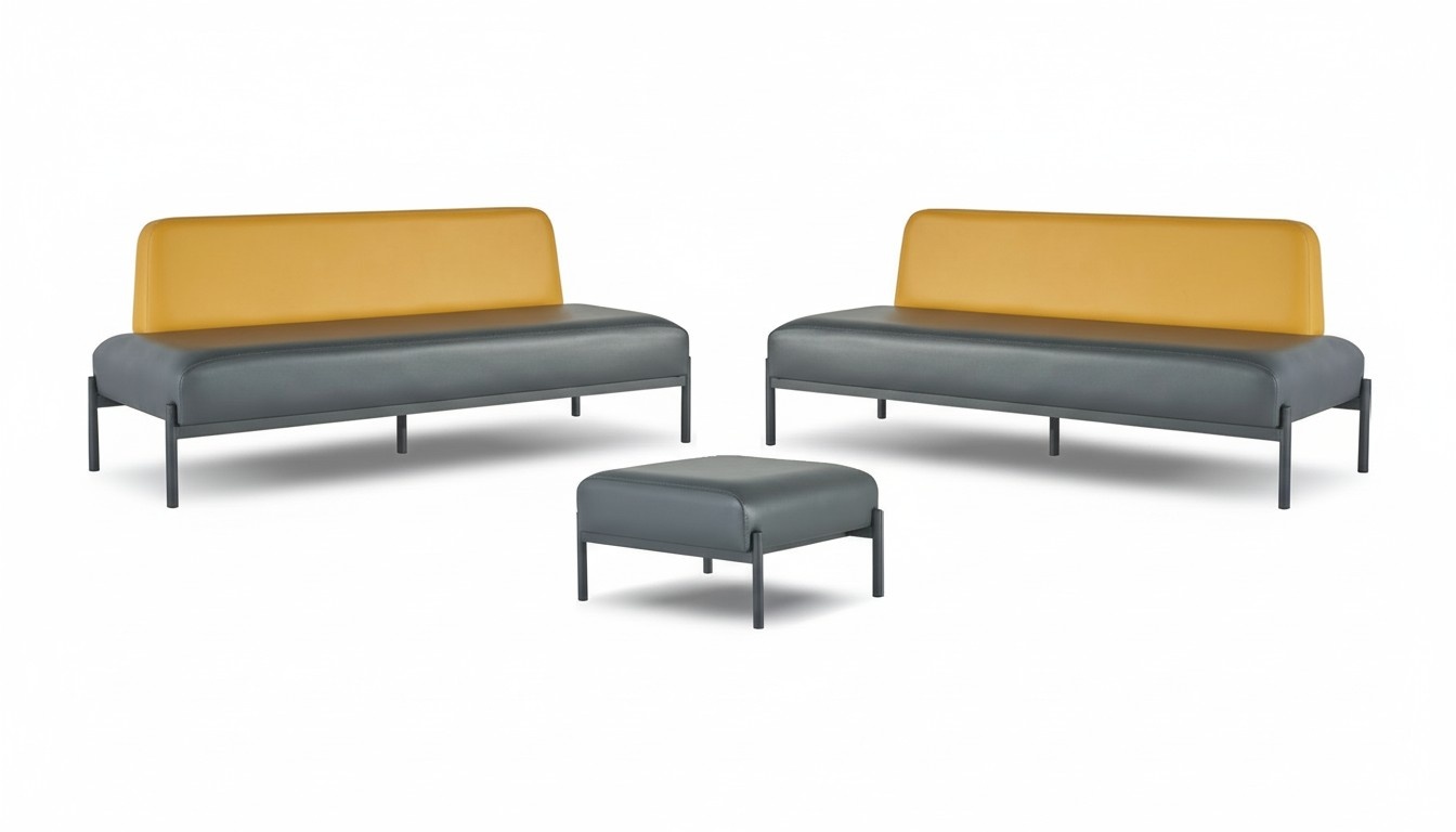 Sitzmöbel Ledersofas Art Deco Edelstahl Schwarz Gelb 3-Sitzer Hocker Set