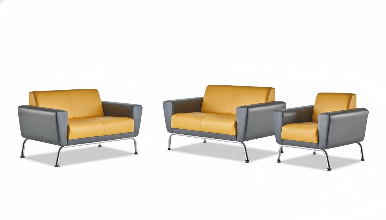 Sitzmöbel-Set Leder Ledersofas 2-Sitzer Sessel Gelb Grau Edelstahl Holz