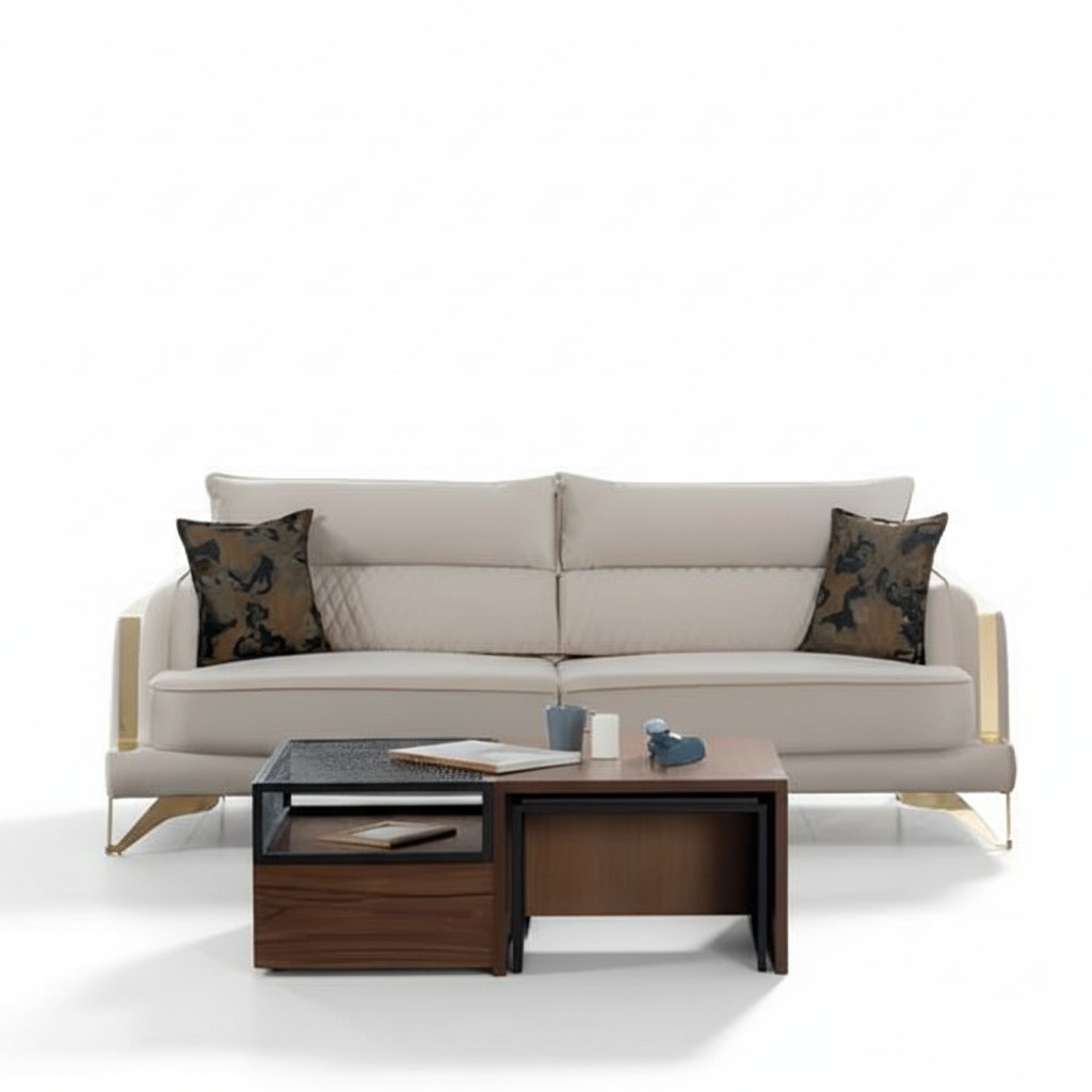 Sofa 3-Sitzer Creme Stoffbezug Goldfüße Elegant Modern Design Wohnzimmerstil