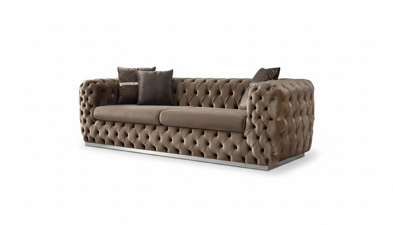 Sofa 3 Sitzer Polstersofa Braun Textil Sitz Design Couch Modern Chesterfield