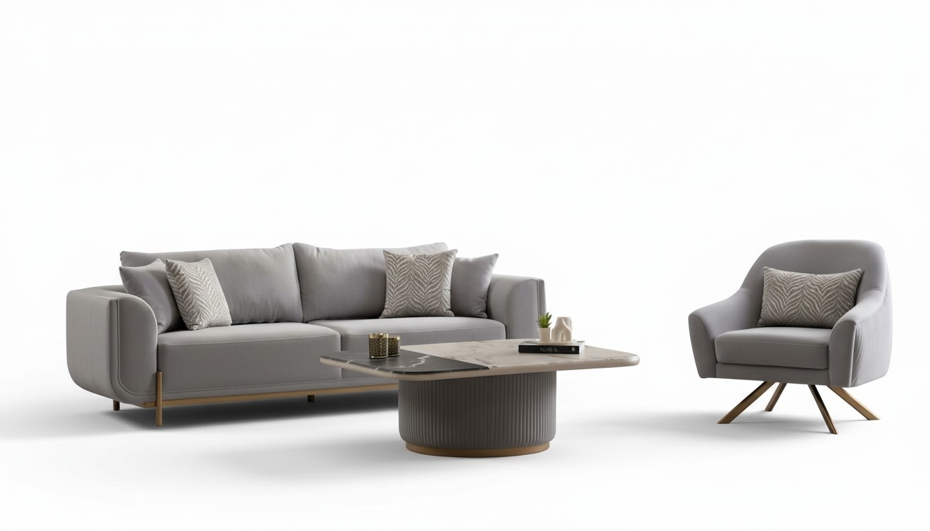 Sofa 3 sitzer Sessel Couchtisch Edelstahl Beige Gold Wohnzimmer Modern