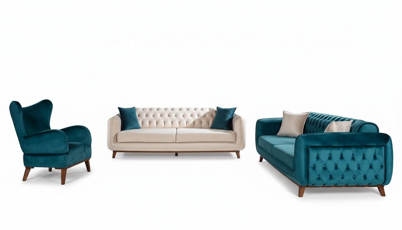 Sofas Set 3+3+1 Polster Couch Stoff Wohnzimmer Chesterfield 3tlg